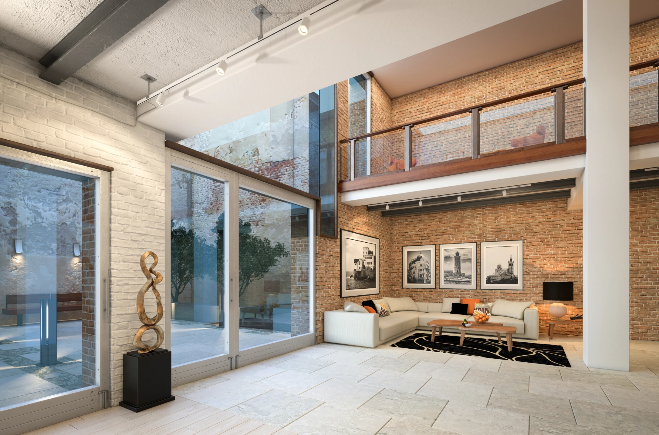 Spacious living room with brick walls