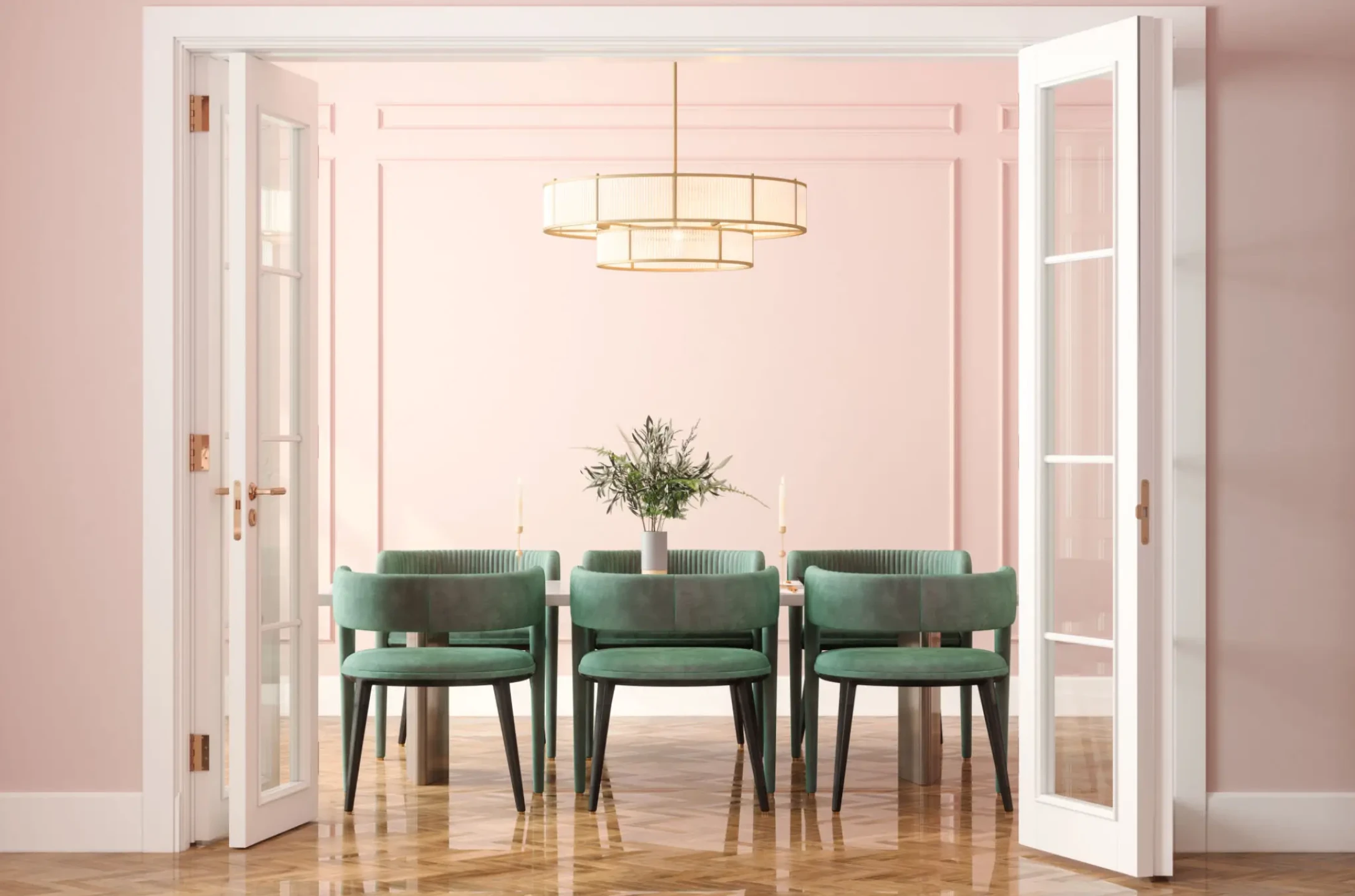 Dining room with green chairs and pink walls