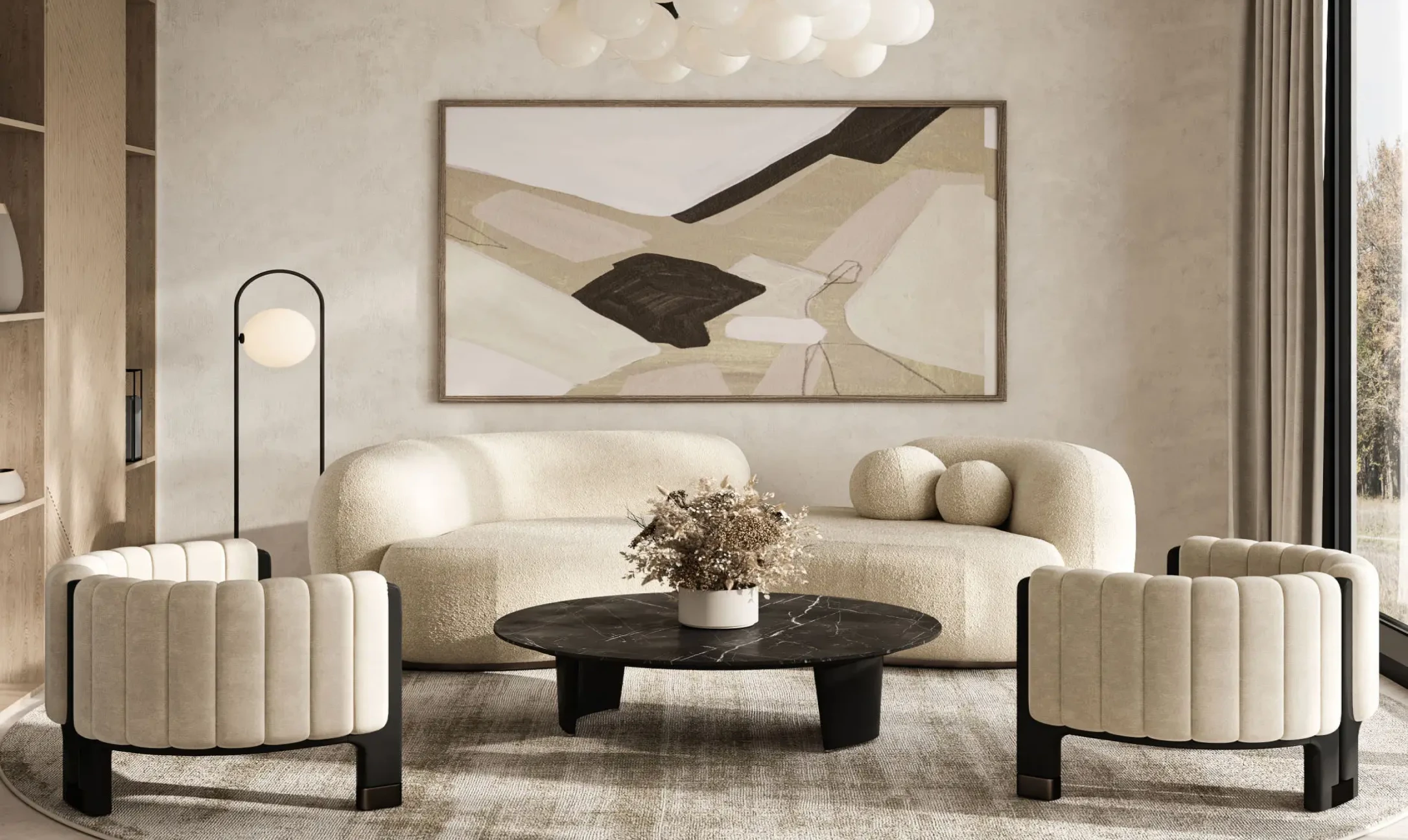 Contemporary seating arrangement with wall painting