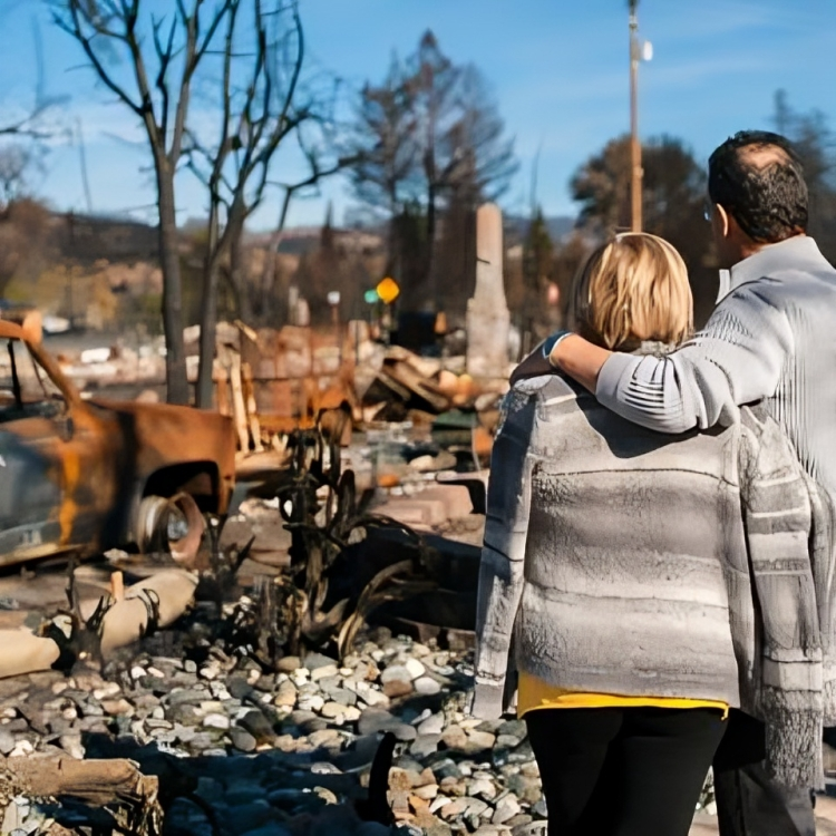 Two individuals amidst fire ruins