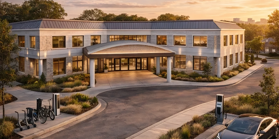 Office building with electric car chargers